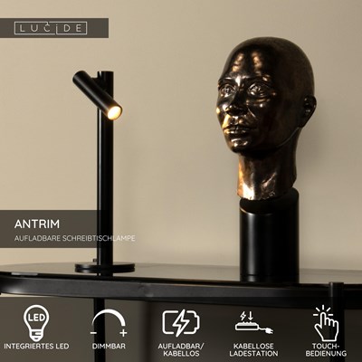 Lucide ANTRIM - wiederaufladbare Schreibtischlampe Innen/Außen - Akku/Batterie - LED Dim. - 1x2,2W 2700K - IP54 - Mit kabelloser Ladestation - Schwarz